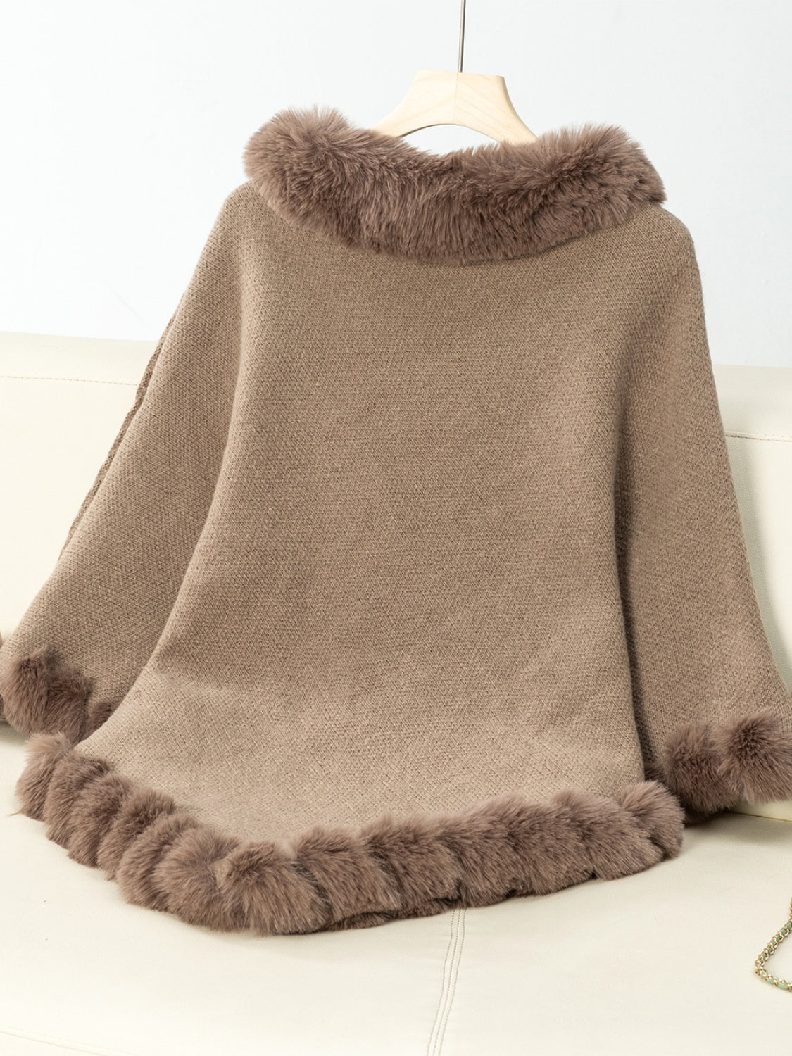 Fuzzy Trim Texture Three-Quarter Sleeve Poncho-Angel Casuals