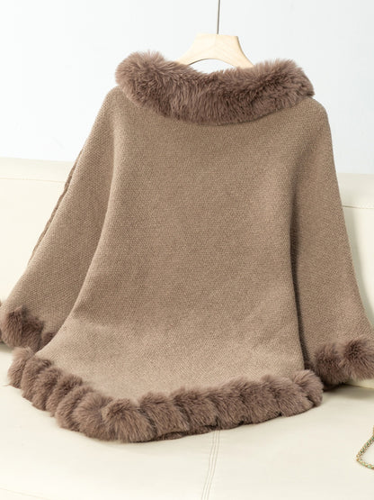 Fuzzy Trim Texture Three-Quarter Sleeve Poncho-Angel Casuals