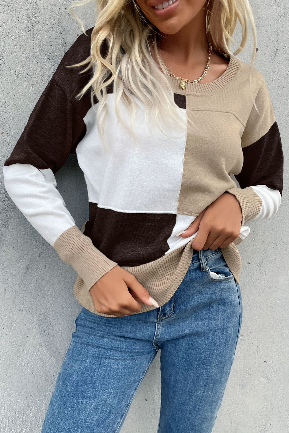 Perfee Color Block Ribbed Trim Round Neck Knit Pullover-Angel Casuals