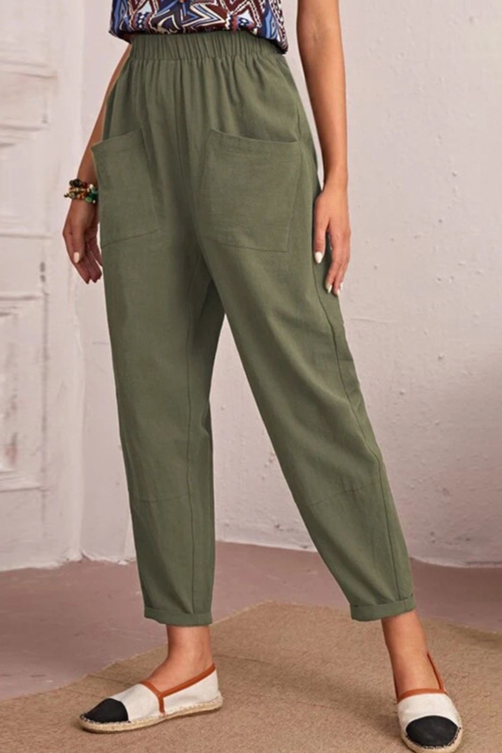 Elastic Waist Pocket Tapered Pants-Angel Casuals