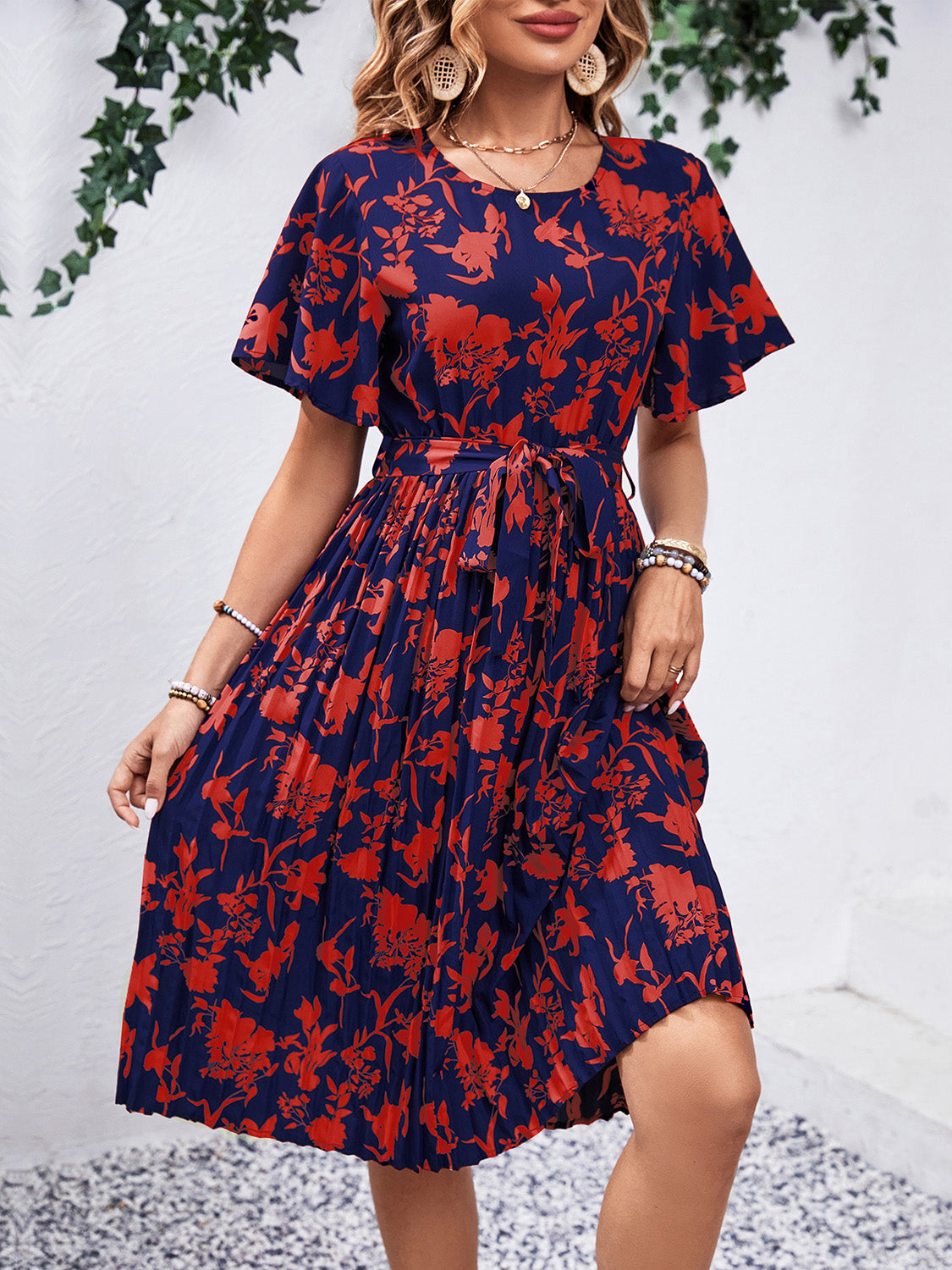 Printed Round Neck Short Sleeve Dress-Angel Casuals