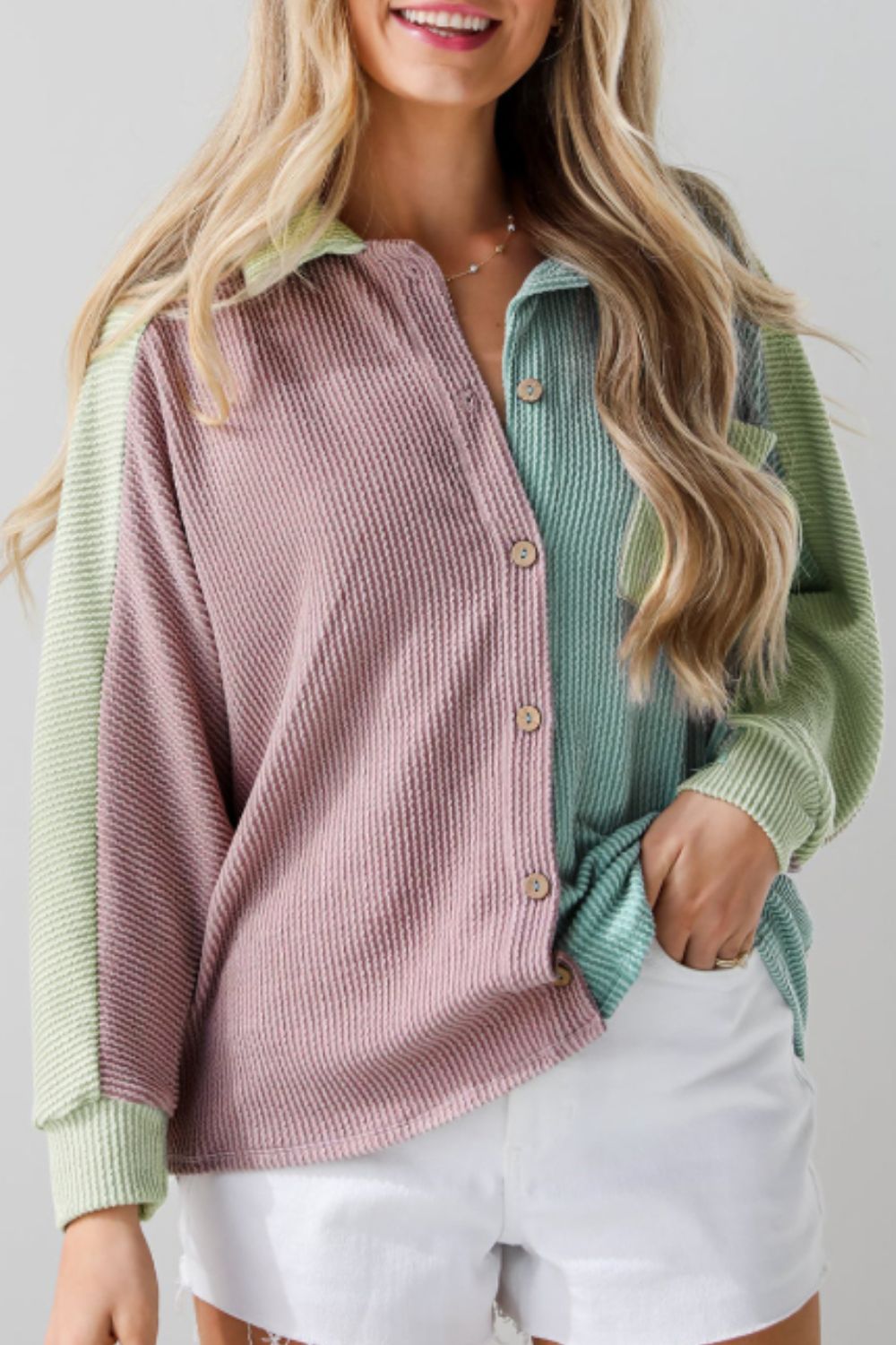 Color Block Corded Button Up Shacket-Angel Casuals
