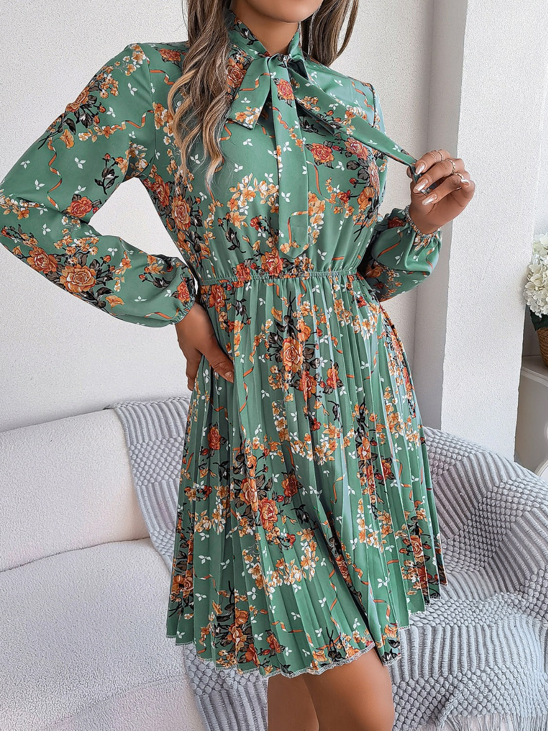 Pleated Printed Tie Neck Long Sleeve Dress-Angel Casuals