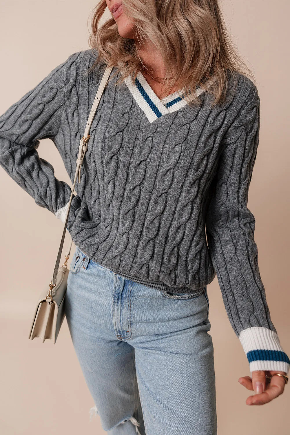 Cable-Knit V-Neck Long Sleeve Sweater-Angel Casuals