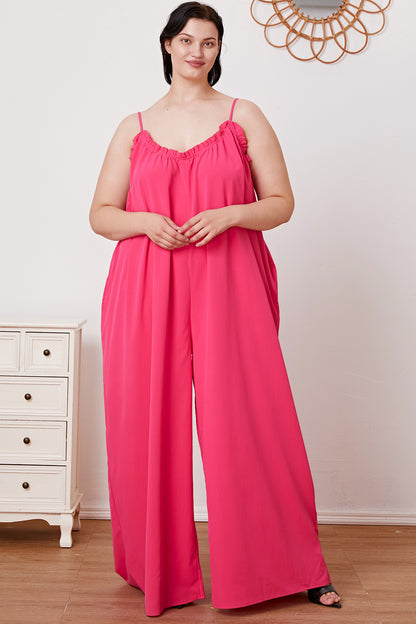 Double Take Full Size Ruffle Trim Tie Back Cami Jumpsuit with Pockets-Angel Casuals