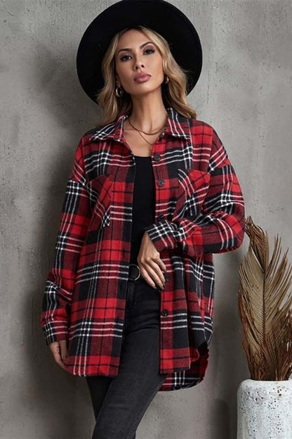 Plaid Collared Neck Button Up Jacket with Pockets-Angel Casuals