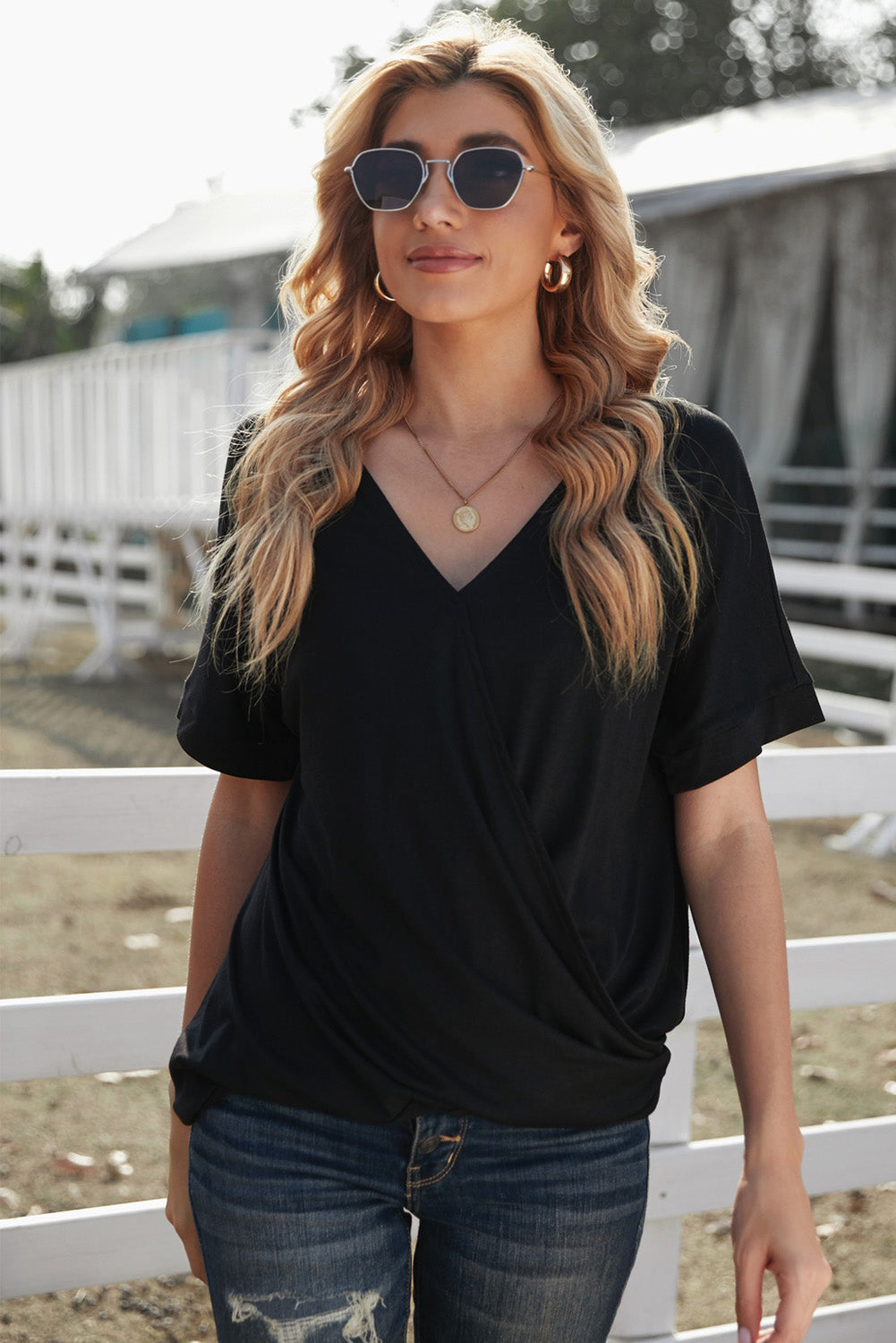 Surplice Half Sleeve T-Shirt-Angel Casuals