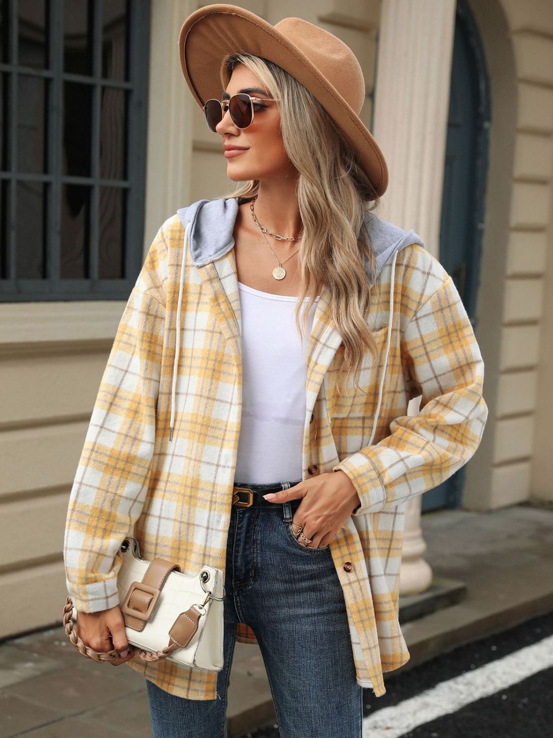 Drawstring Plaid Button Up Hooded Jacket-Angel Casuals
