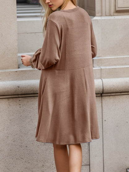 Half Button V-Neck Long Sleeve Dress with Pockets-Angel Casuals