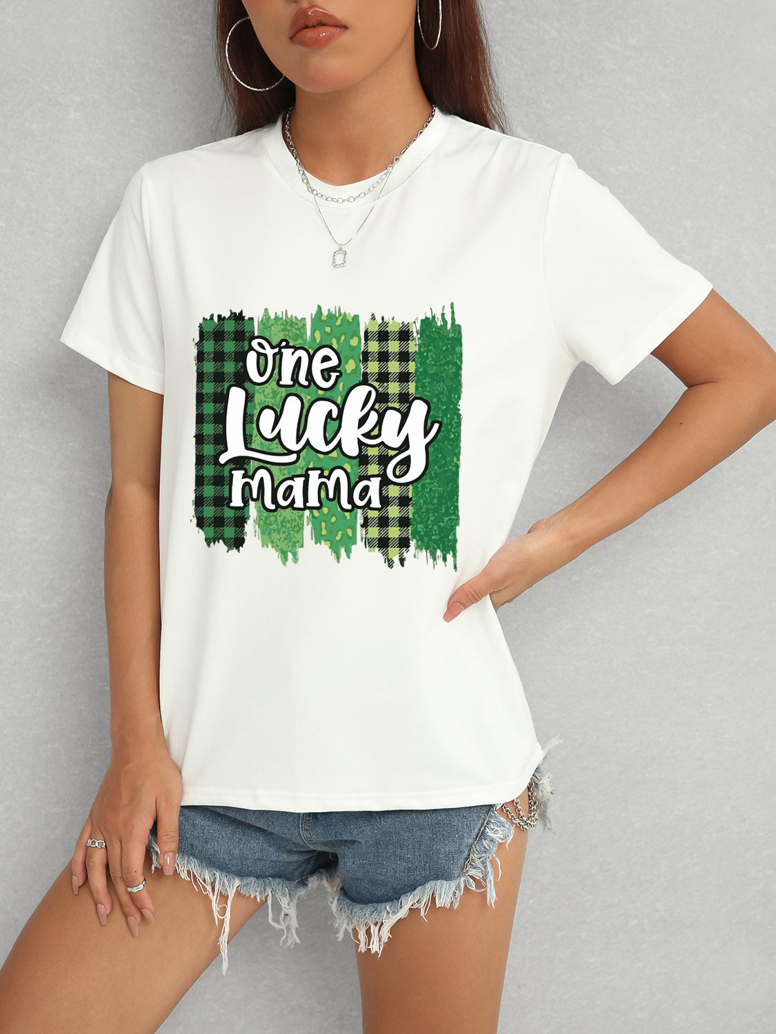 ONE LUCKY MAMA Round Neck T-Shirt-Angel Casuals