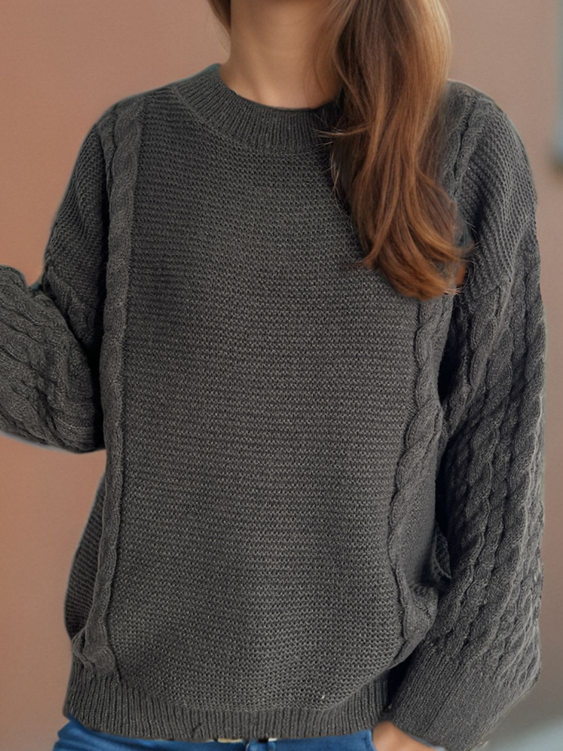 Cable-Knit Round Neck Long Sleeve Sweater-Angel Casuals