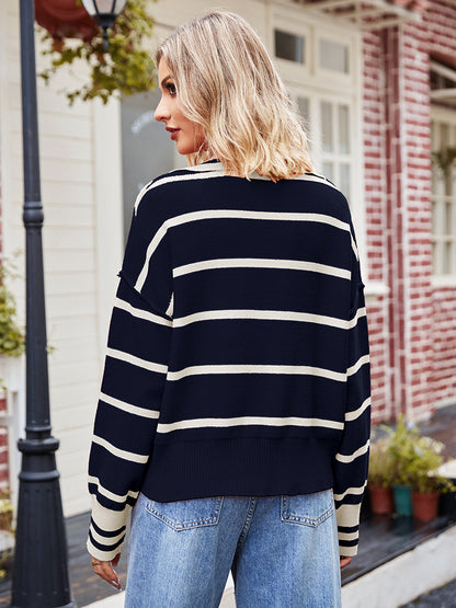 Striped Dropped Shoulder Notched Neck Knit Top-Angel Casuals