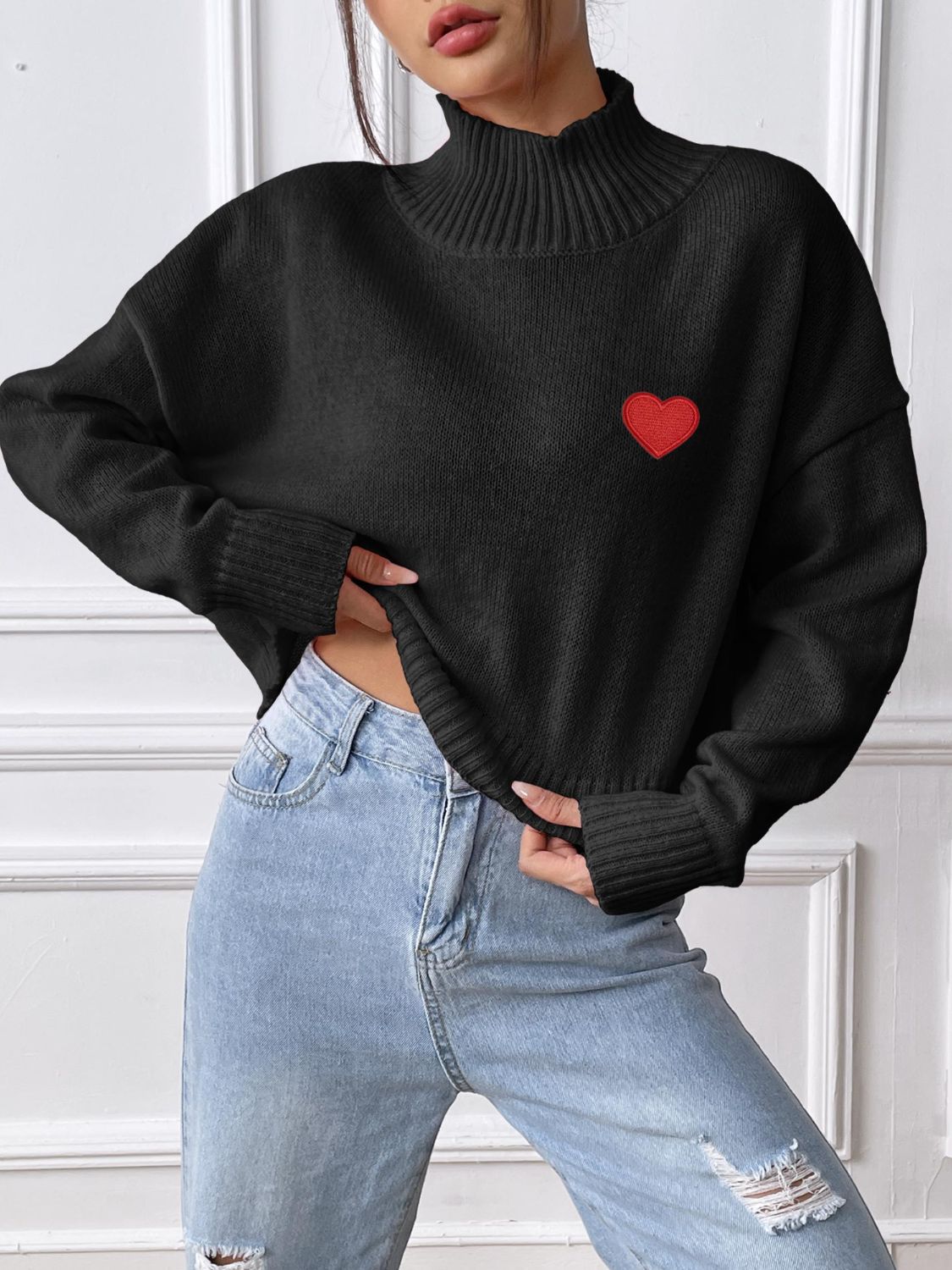 Heart Turtleneck Long Sleeve Sweater-Angel Casuals