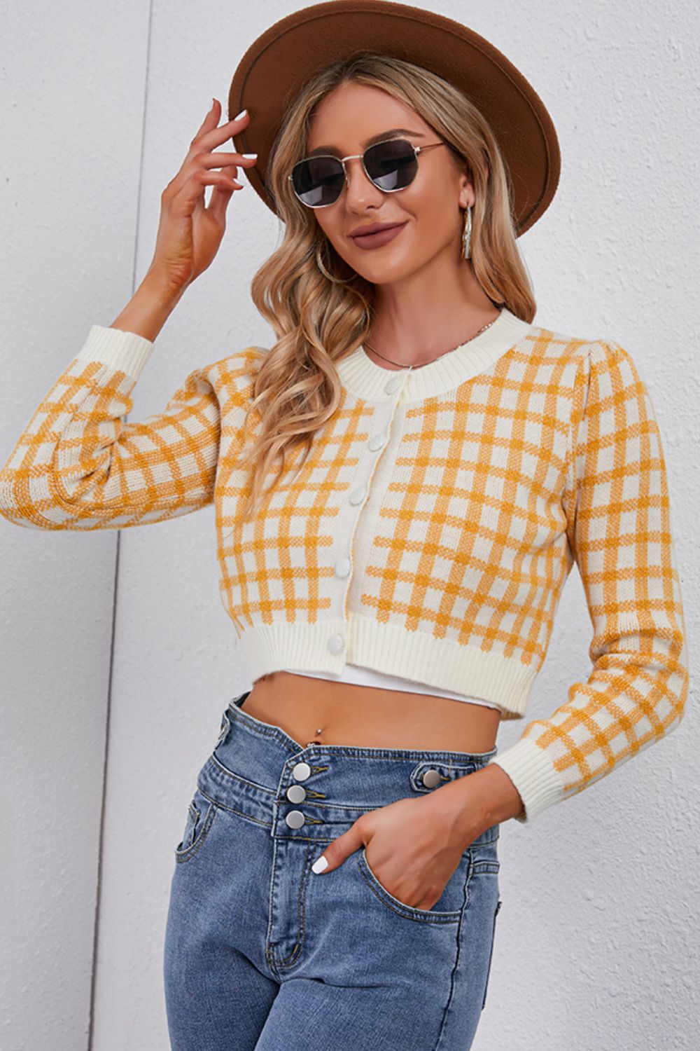 Plaid Buttoned Cropped Cardigan-Angel Casuals