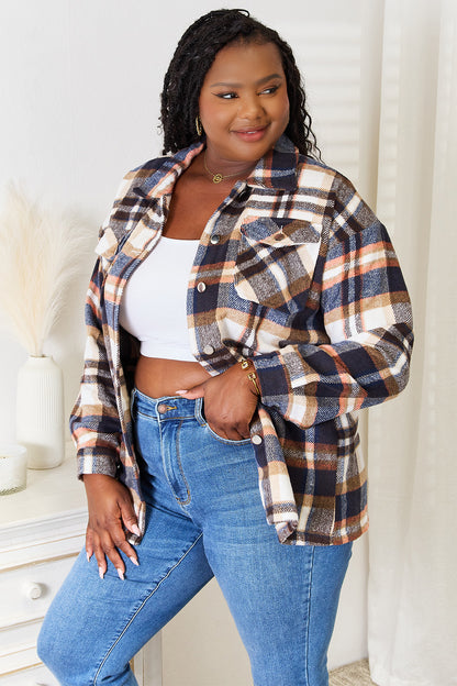 Double Take Plaid Button Front Shirt Jacket with Breast Pockets-Angel Casuals