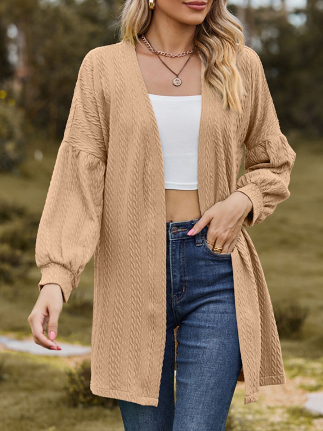 Textured Open Front Dropped Shoulder Cardigan-Angel Casuals