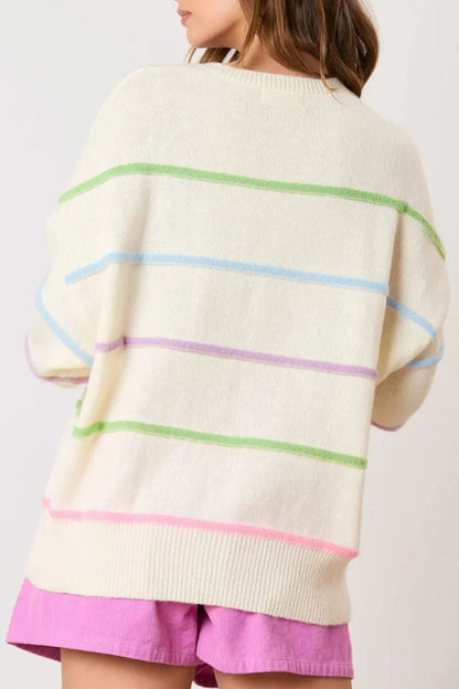 Contrast Striped Half Button Round Neck Sweater-Angel Casuals