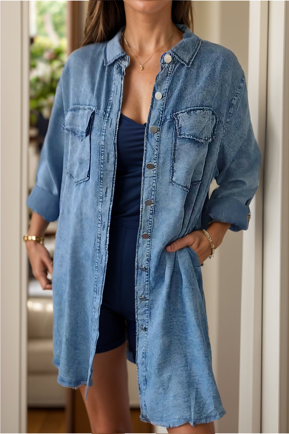 Full Size Pocketed Button Up Long Sleeve Denim Jacket-Angel Casuals