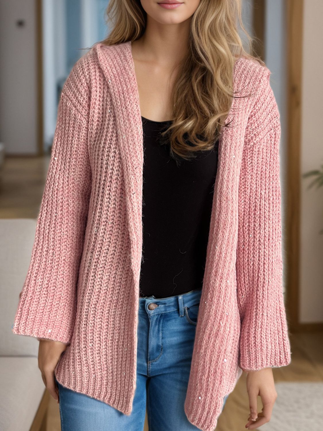 Sequin Detail Long Sleeve Hooded Cardigan-Angel Casuals