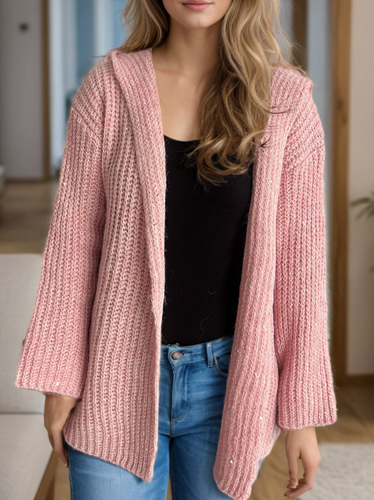 Sequin Detail Long Sleeve Hooded Cardigan-Angel Casuals
