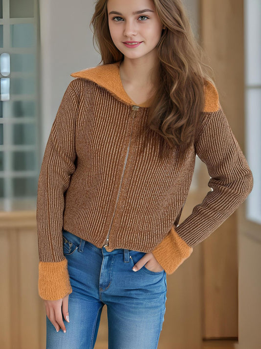 Zip Up Collared Neck Long Sleeve Cardigan-Angel Casuals