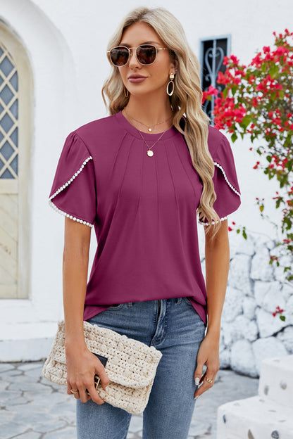 Round Neck Petal Sleeve T-Shirt-Angel Casuals