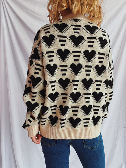 Heart Contrast Long Sleeve Dropped Shoulder Sweater-Angel Casuals