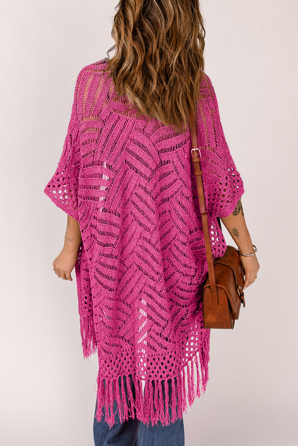 Openwork Open Front Cardigan with Fringes-Angel Casuals