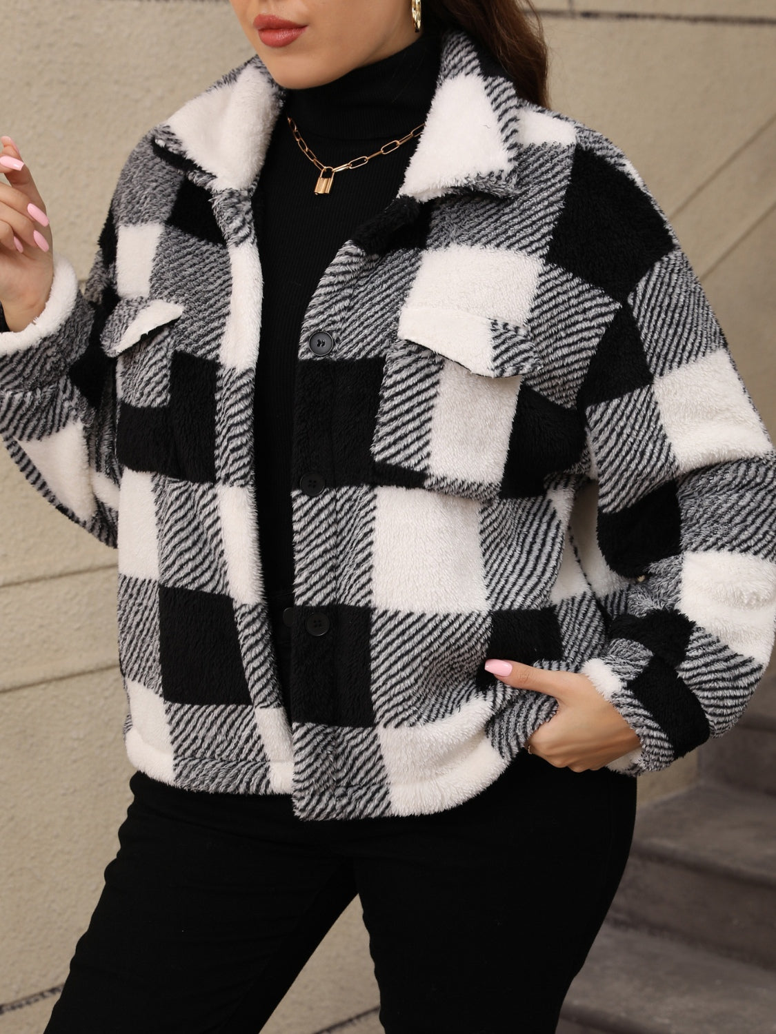 Plus Size Pocketed Plaid Collared Neck Jacket-Angel Casuals