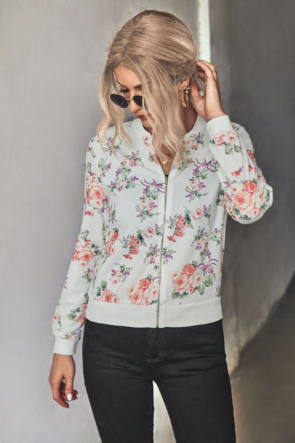 Floral Zip Up Ribbed Trim Bomber Jacket-Angel Casuals