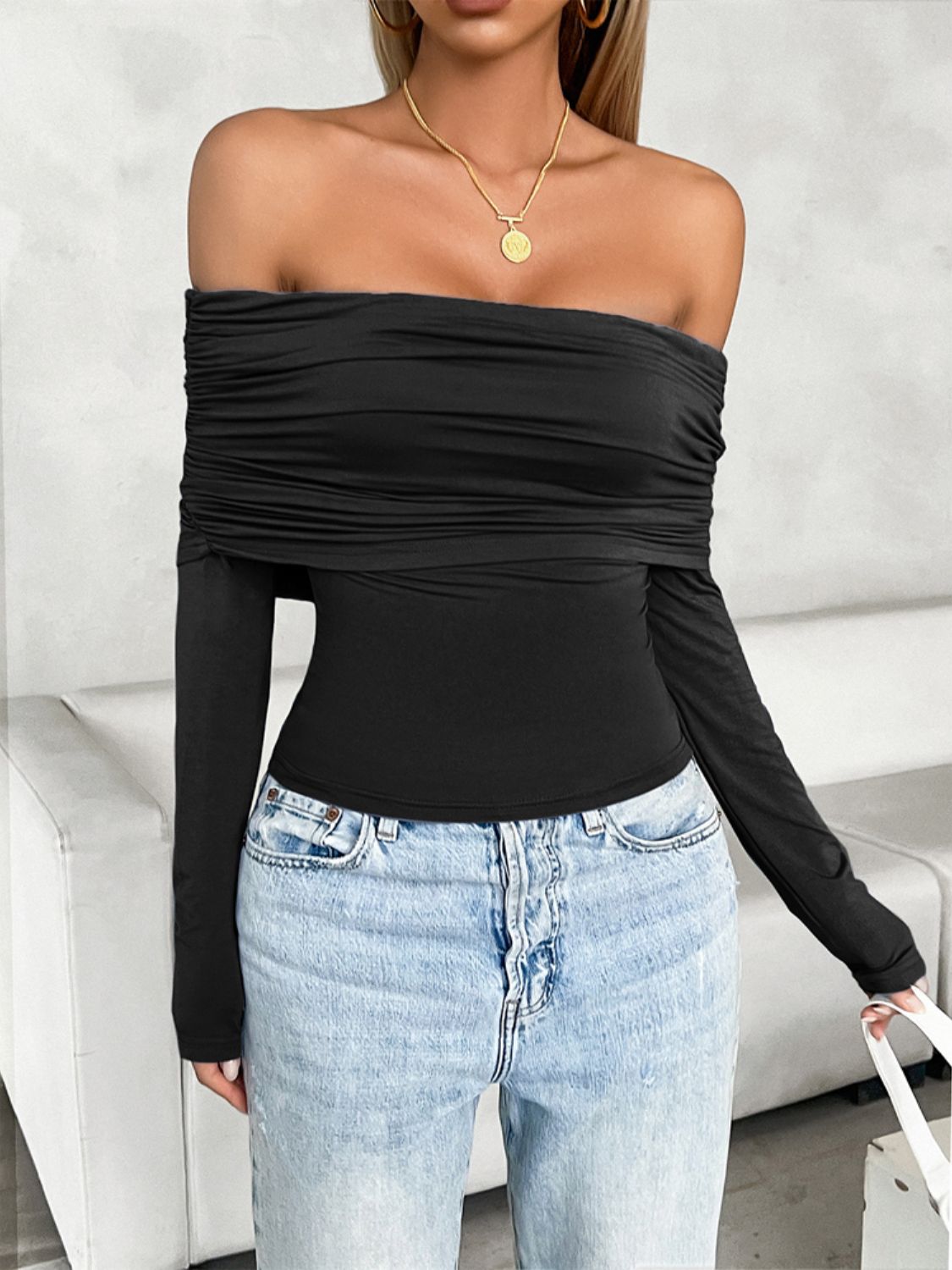 Ruched Off-Shoulder Long Sleeve T-Shirt-Angel Casuals