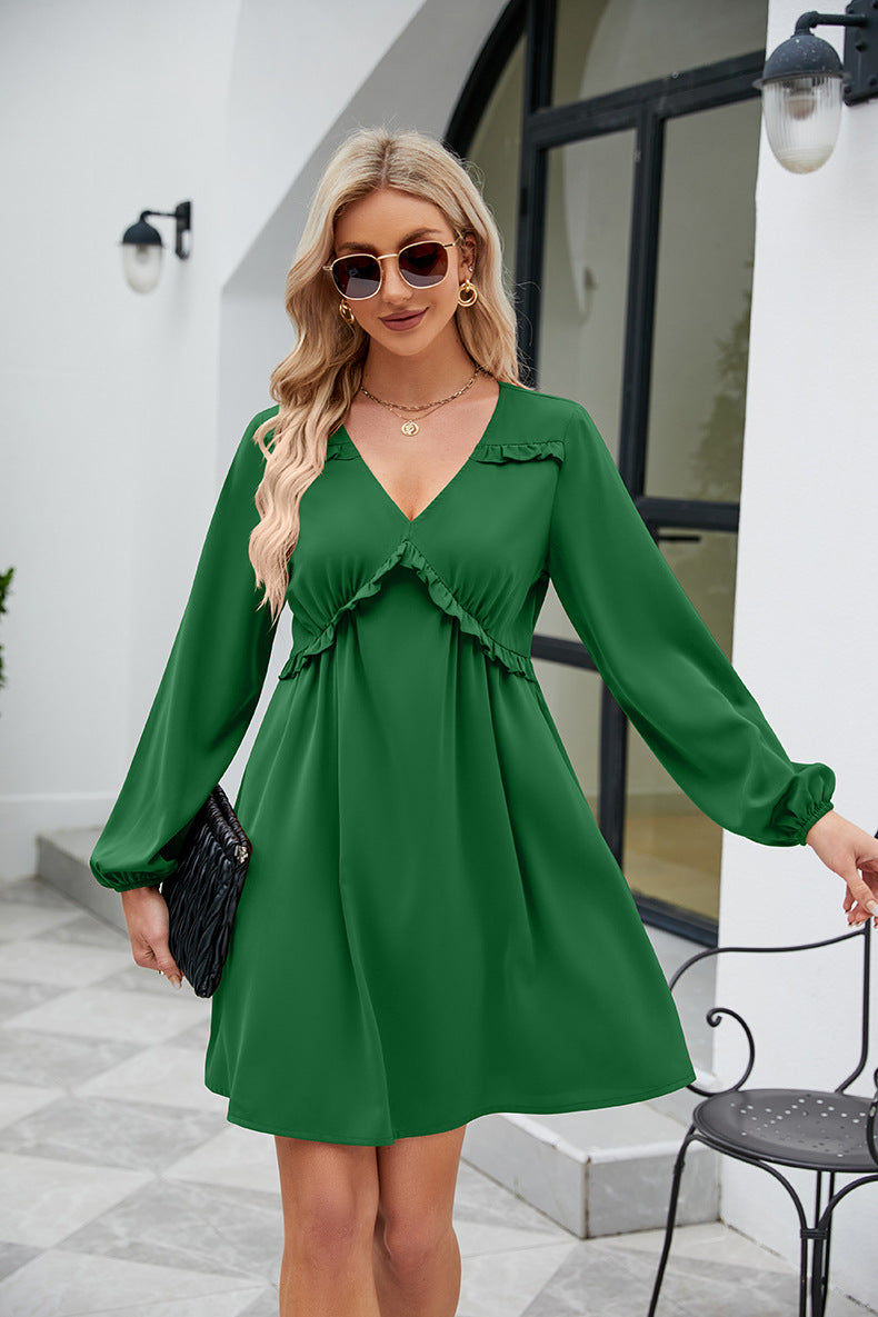 Frill Trim V-Neck Long Sleeve Dress-Angel Casuals