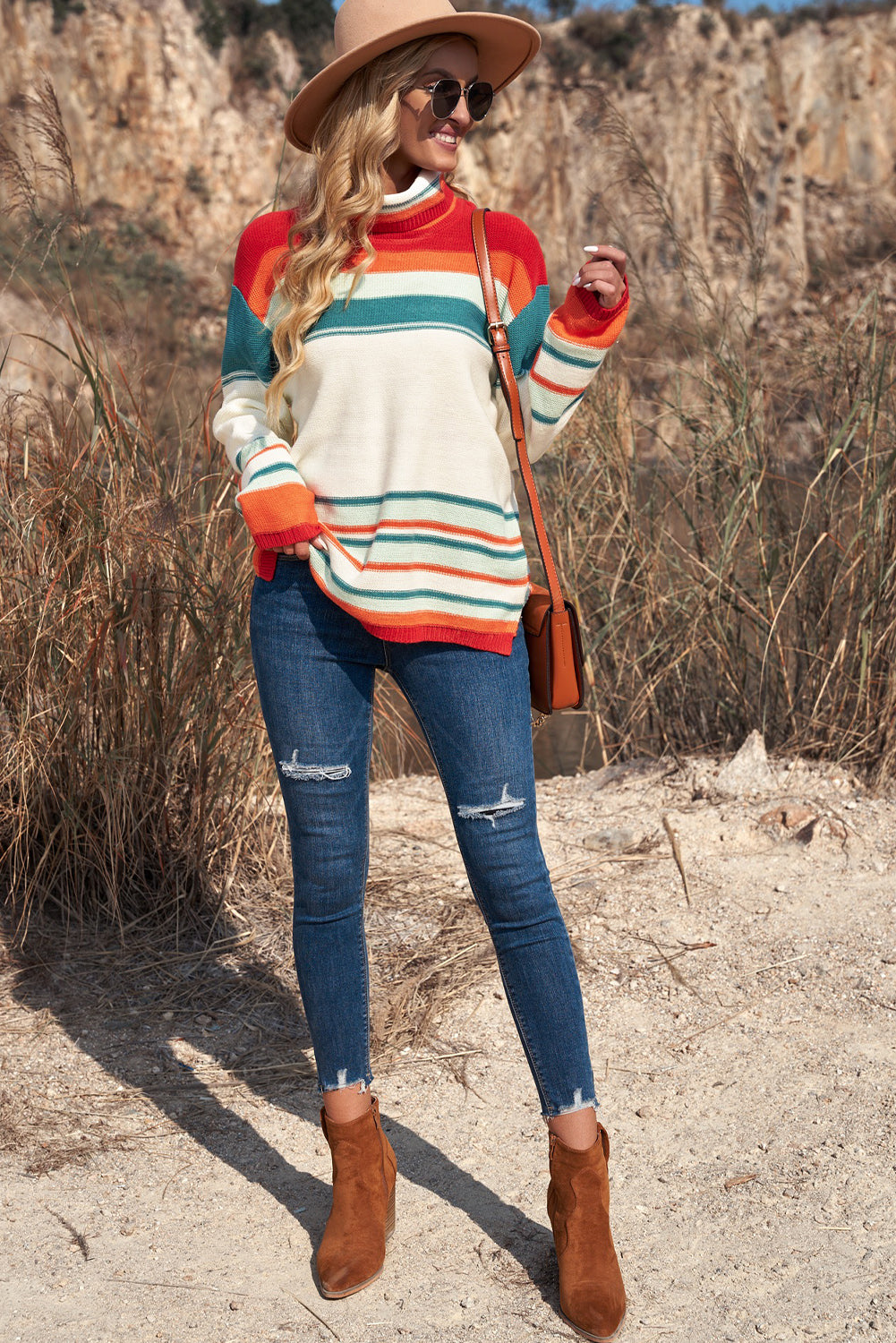 Contrast Striped Turtleneck Dropped Shoulder Sweater-Angel Casuals