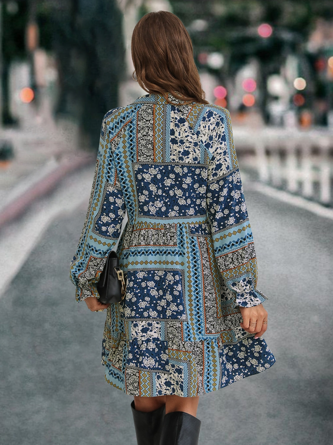 Printed Tie Front Flounce Sleeve Dress-Angel Casuals