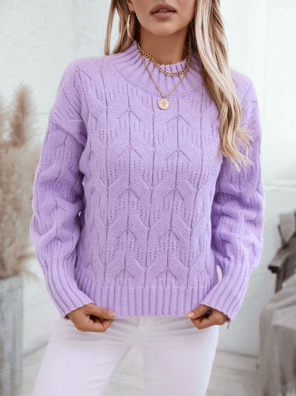 Cable Knit Mock Neck Long Sleeve Sweater-Angel Casuals