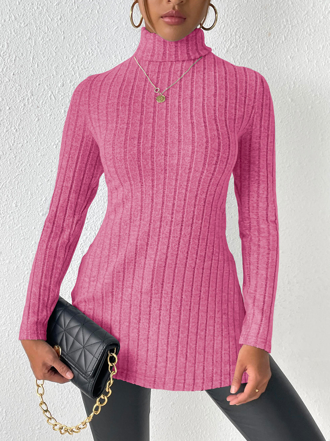 Ribbed Turtleneck Long Sleeve Slit T-Shirt-Angel Casuals