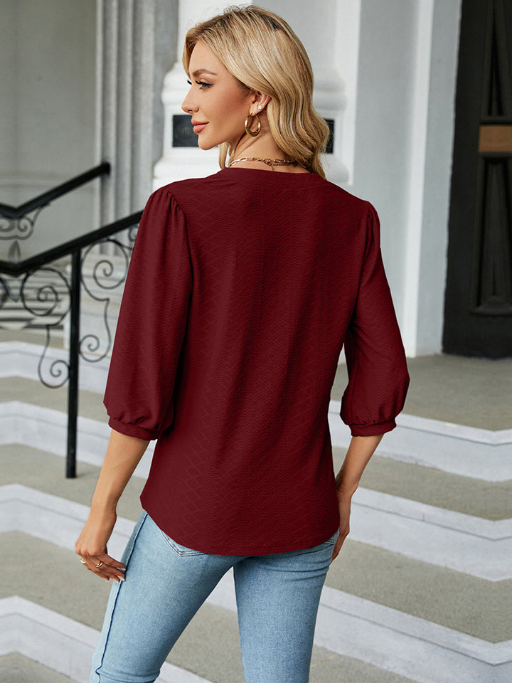 Notched Neck Three-Quarter Sleeve Blouse-Angel Casuals