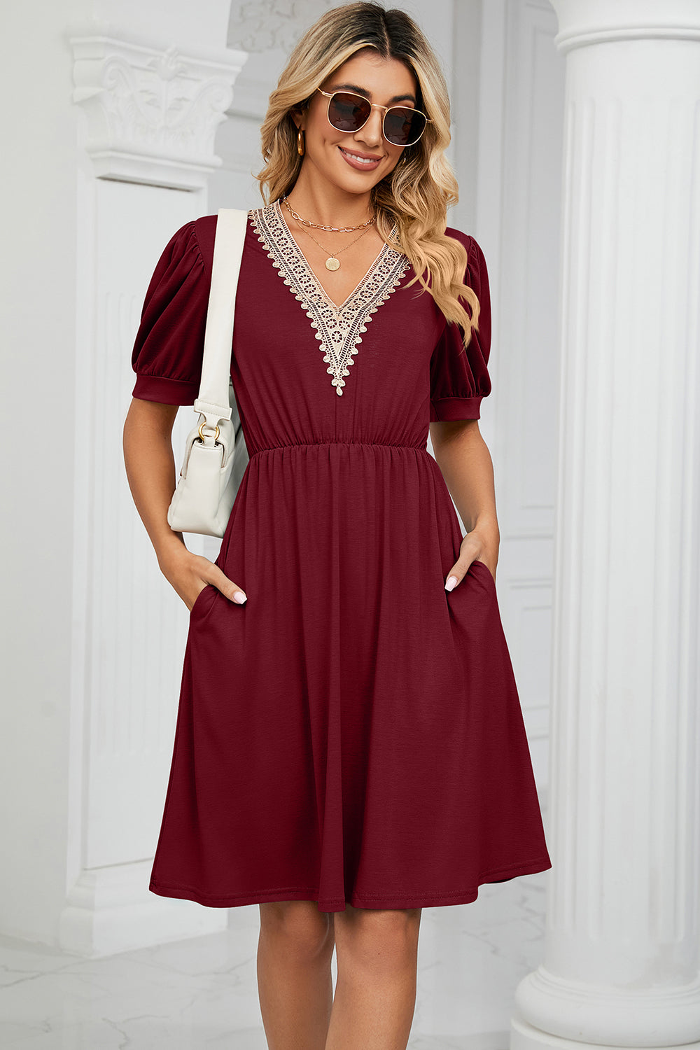 V-Neck Puff Sleeve Dress-Angel Casuals