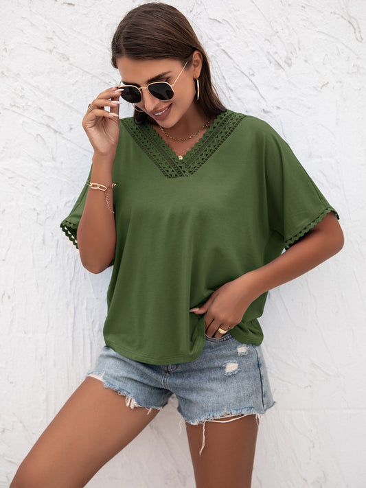 Lace Detail V-Neck T-Shirt-Angel Casuals