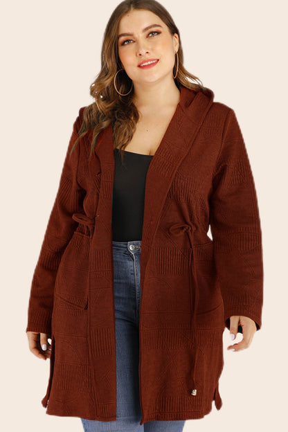 Plus Size Drawstring Waist Hooded Cardigan with Pockets-Angel Casuals