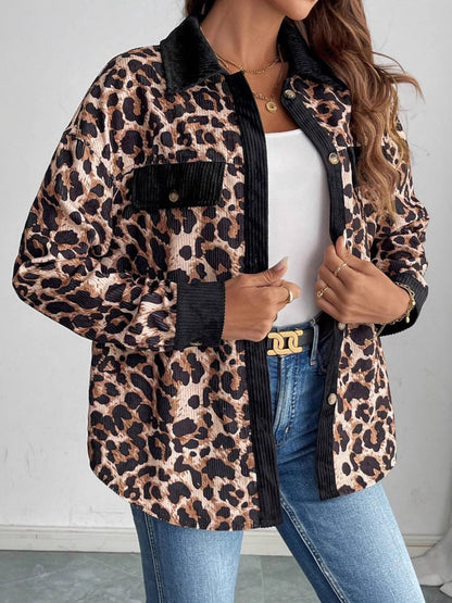 Leopard Collared Neck Button Up Shacket-Angel Casuals