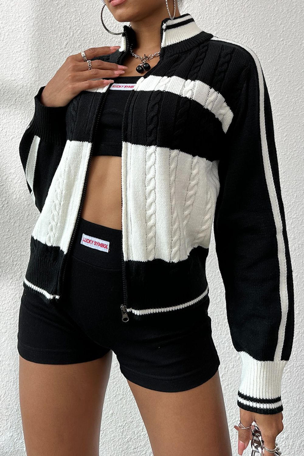 Cable-Knit Color Block Raglan Sleeve Cardigan-Angel Casuals
