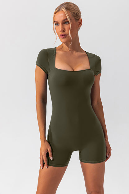 Square Neck Cap Sleeve Active Romper-Angel Casuals