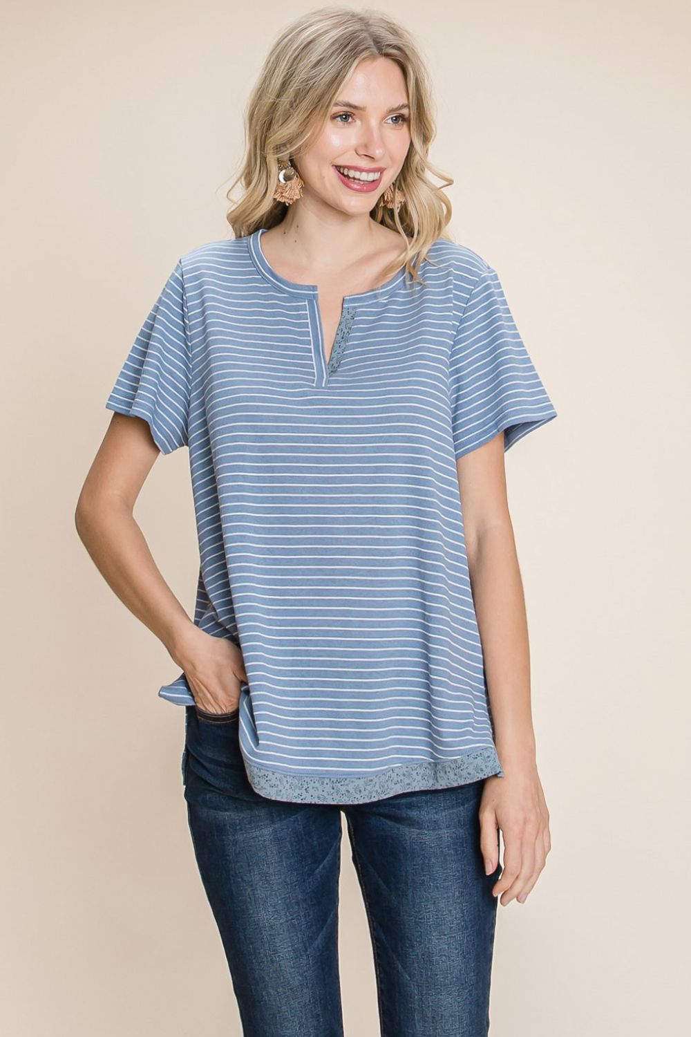 Cotton Bleu by Nu Lab Slit Striped Notched Short Sleeve T-Shirt-Angel Casuals