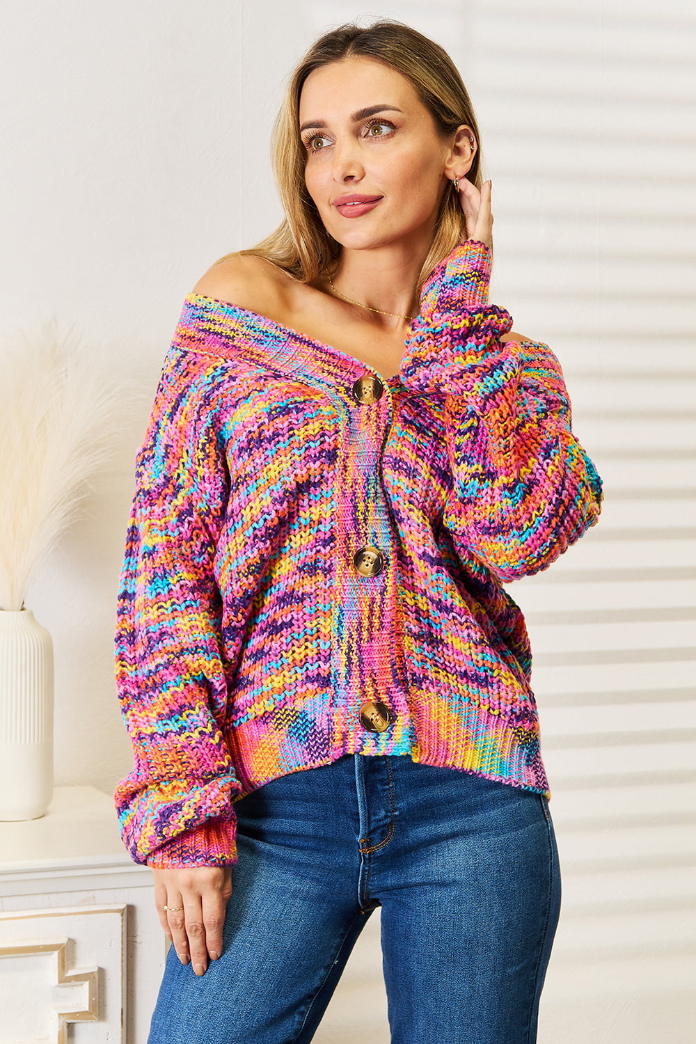 Woven Right V-Neck Long Sleeve Cardigan-Angel Casuals