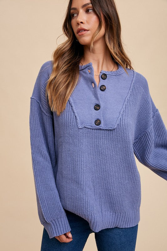 Annie Wear Half Button Ribbed Hem Sweater-Angel Casuals