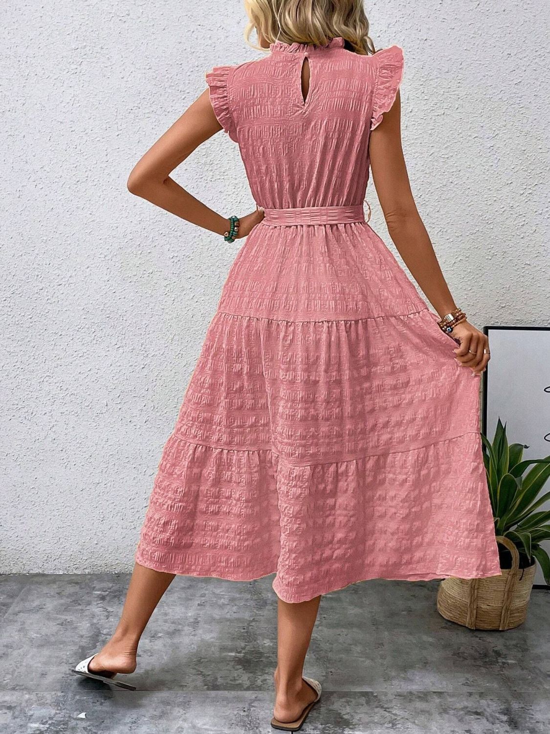 Tied Ruffled Cap Sleeve Midi Dress-Angel Casuals