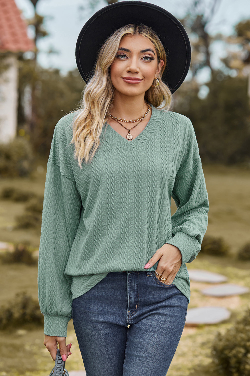 Textured V-Neck Dropped Shoulder T-Shirt-Angel Casuals