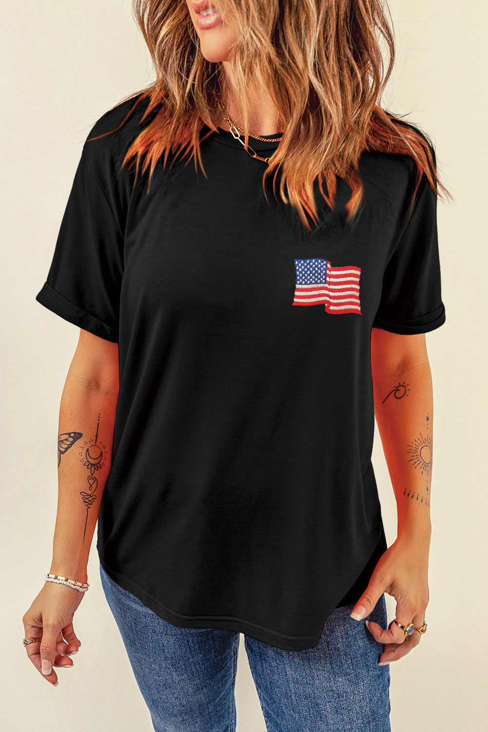 US Flag Round Neck Short Sleeve T-Shirt-Angel Casuals