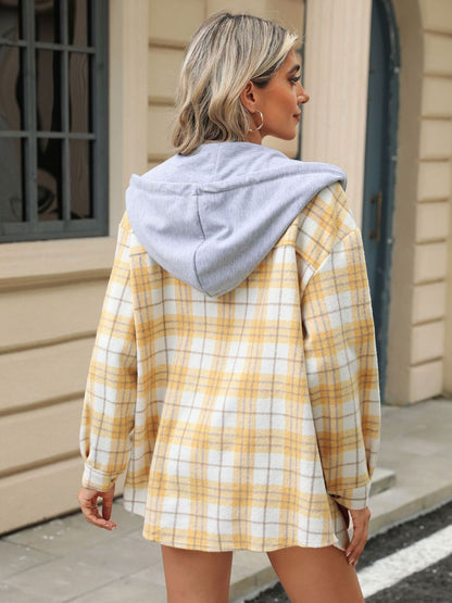 Drawstring Plaid Button Up Hooded Jacket-Angel Casuals